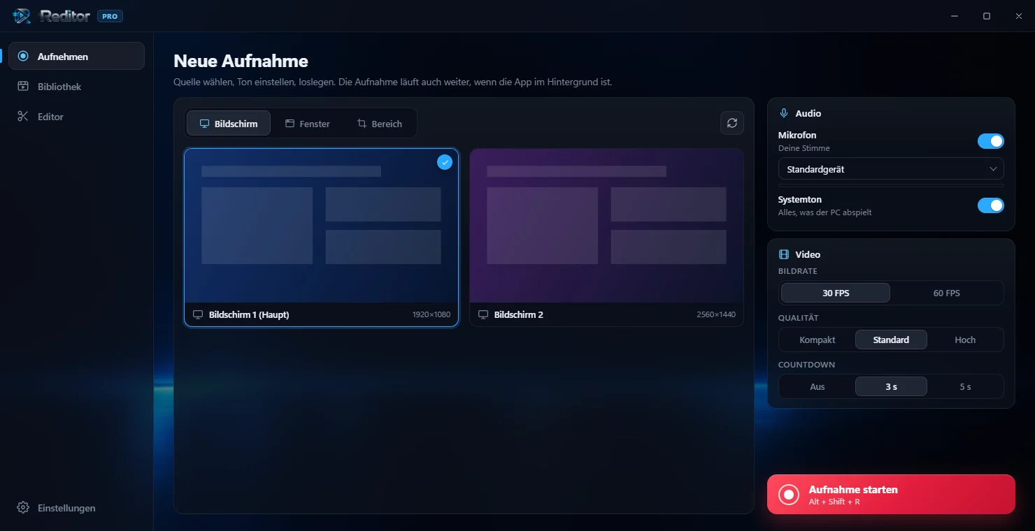 Screenshot der Windows-App (Pro): Aufnahme-Ansicht mit Quellenauswahl, Audio- und Videoeinstellungen, ohne Scrollen bedienbar